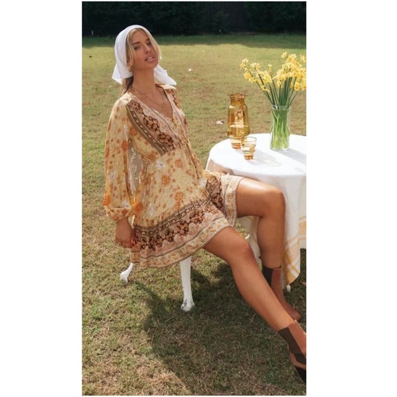 Boho Gypsy Floral print Tassel Dress Yellow Vneck - Picture 6 of 6